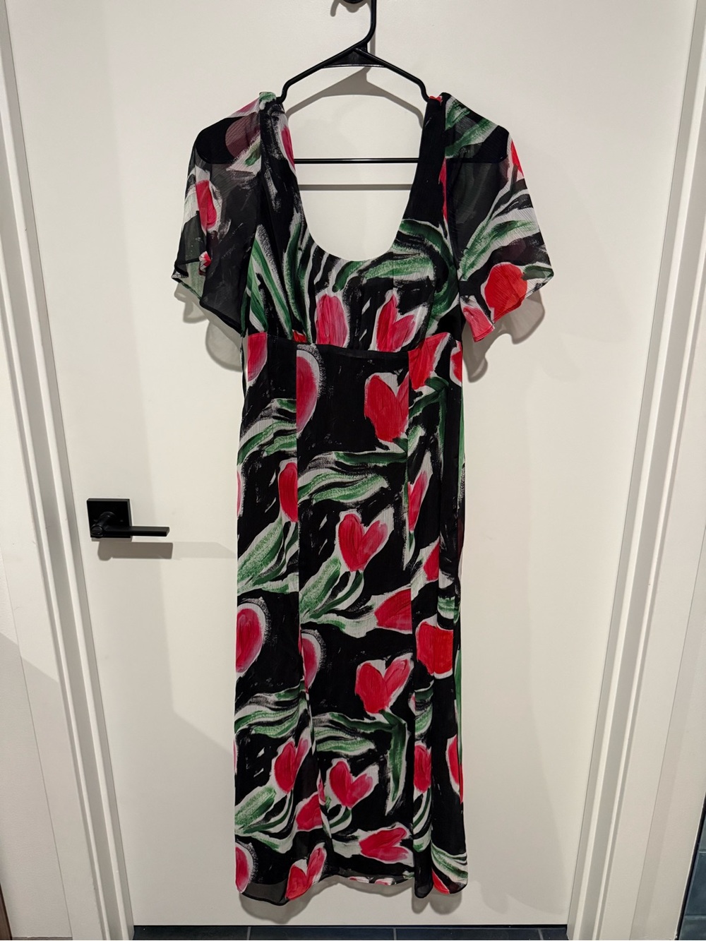 Black Floral Midi Dress with Red & Green Print *please read description*